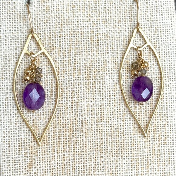 14Kt Gold Fill Amethyst Drop Leaf Earrings Handmade Artisan - Picture 1 of 7